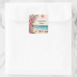 Roze strandhuwelijk vierkante sticker