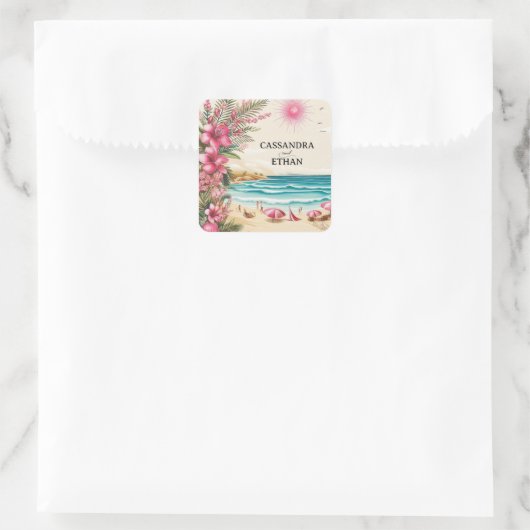 Roze strandhuwelijk vierkante sticker (Tas)