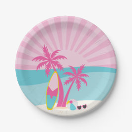 Roze Strandpalm Verjaardag Papieren Bordje