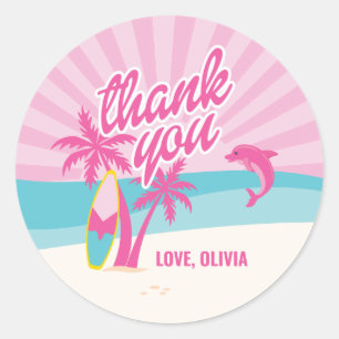 Roze Strandpalm Verjaardag Ronde Sticker