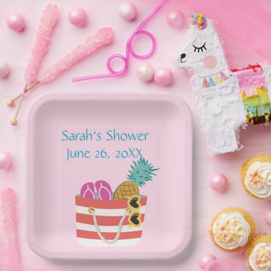 Roze strandtas papieren bordje (Feest)