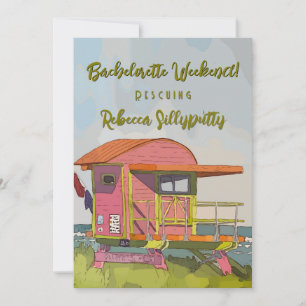Roze strandwacht vibes vrijgezellenweekend kaart