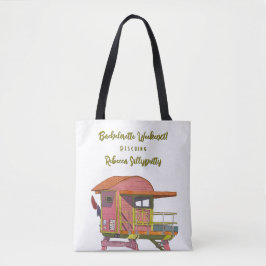 Roze strandwacht vibes vrijgezellenweekend tote bag