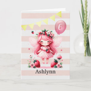 Roze Strawberry Fee Meisje 6e Verjaardag Kaart