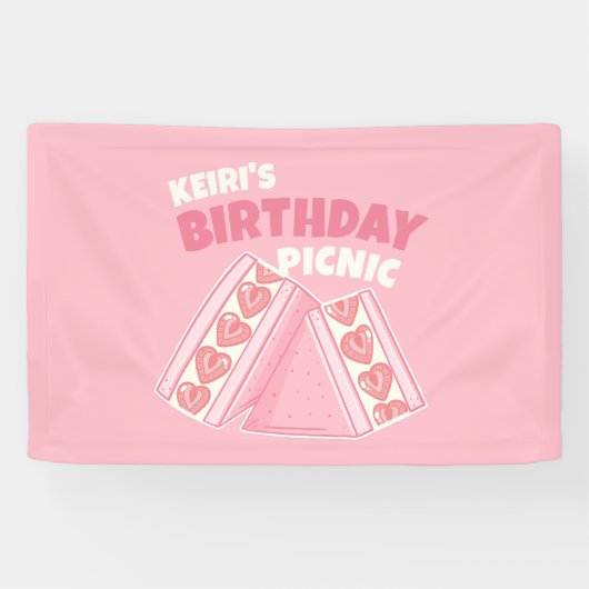 Roze Strawberry Sandwich Verjaardag Picknick Party Spandoek (Horizontaal)