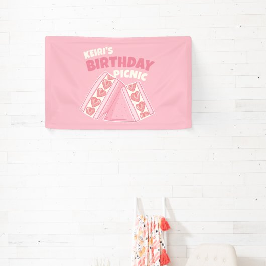 Roze Strawberry Sandwich Verjaardag Picknick Party Spandoek (Insitu)