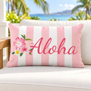 Roze Streep Aloha Hibiscus Tropisch Buitenkussen