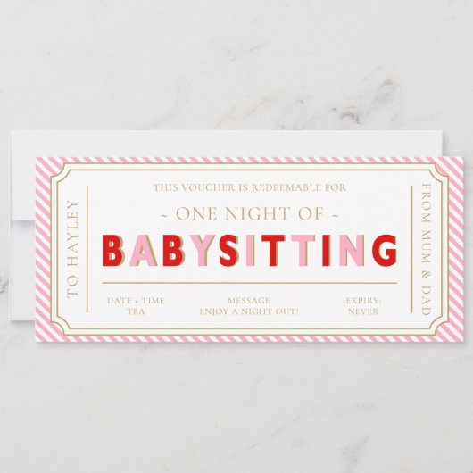 Roze Streep Babysitten Cadeaubon Kaart (Voorkant)