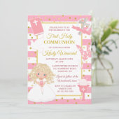 Roze Streep Blond Meisje Eerste Heilige Communie Kaart (Staand voorkant)