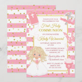 Roze Streep Blond Meisje Eerste Heilige Communie Kaart (Voorkant / Achterkant)