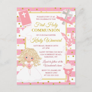 Roze streep blonde meisje eerste communie briefkaart