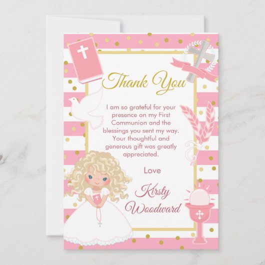 Roze streep blonde meisje eerste heilige communie bedankkaart (Voorkant)