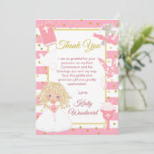 Roze streep blonde meisje eerste heilige communie bedankkaart (Staand voorkant)