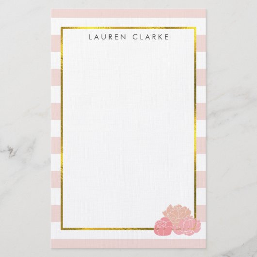 Roze Streep & Blush Peony Gepersonaliseerde briefp Briefpapier (Voorkant)