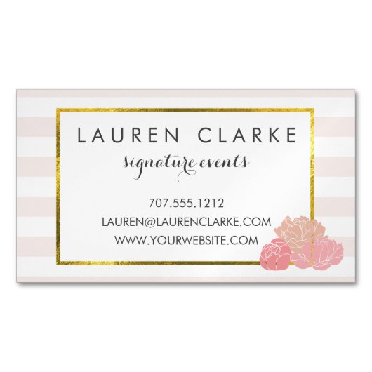 Roze Streep & Blush Peony Magnetische Visitekaartj Magnetisch Visitekaartje (Voorkant)