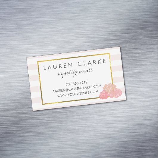 Roze Streep & Blush Peony Magnetische Visitekaartj Magnetisch Visitekaartje (Voorbeeld)