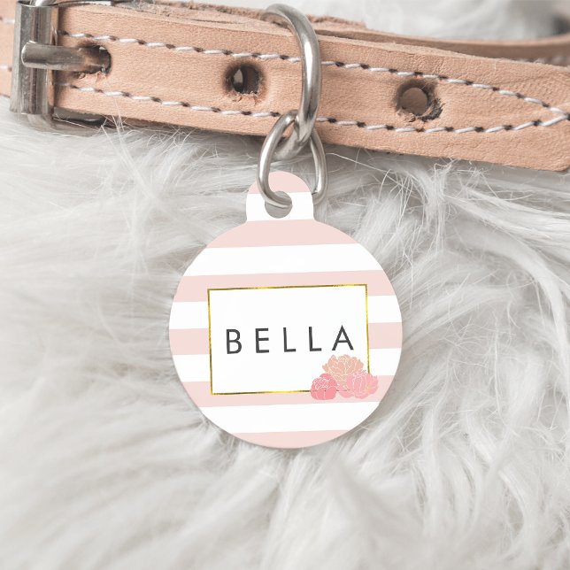 Roze streep & Blush Peony Personalized Pet Tag Huisdierpenning (Creator heeft geüpload)