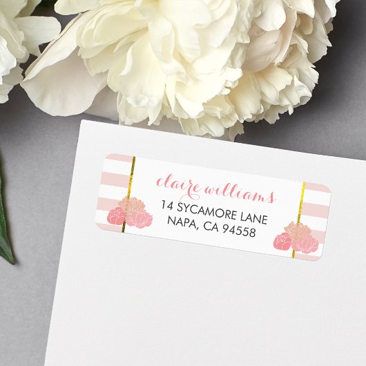 Roze streep & Blush Peony Return Address Labels