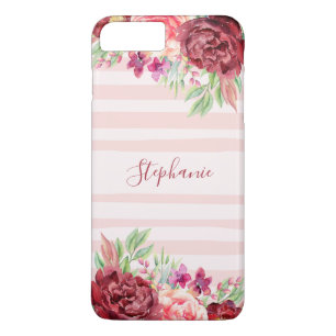 Roze Streep Bugundy Floral gepersonaliseerd iPhone 8/7 Plus Hoesje