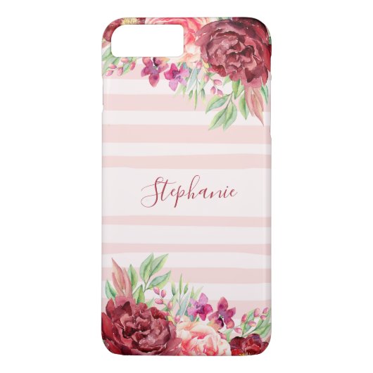Roze Streep Bugundy Floral gepersonaliseerd Case-Mate iPhone Case (Achterkant)