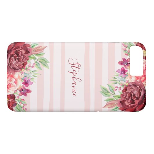 Roze Streep Bugundy Floral gepersonaliseerd Case-Mate iPhone Case (Achterkant (Horizontaal))