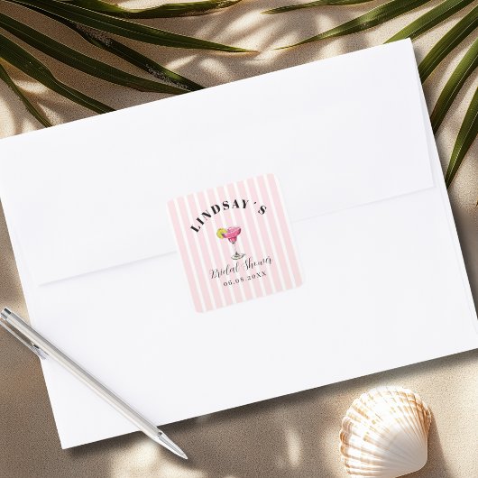 Roze Streep Cocktail Bruiloftsfeest Vierkante Sticker