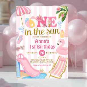 Roze streep Eén in de zon Zwembadfeest Verjaardag Kaart