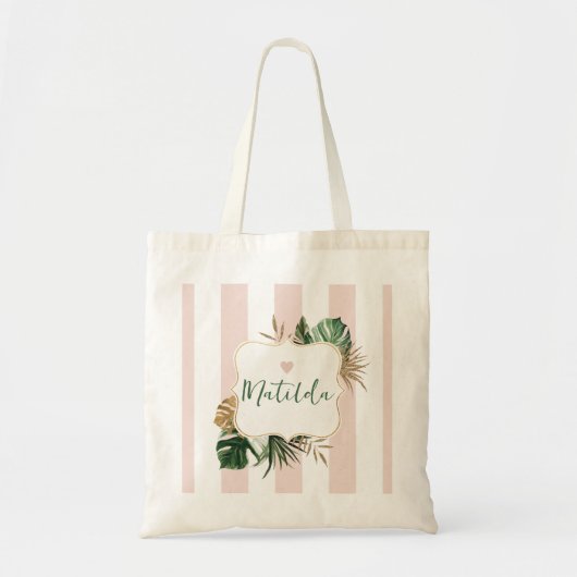 Roze streep elegante tropische bruidsmeisje naam tote bag (Voorkant)