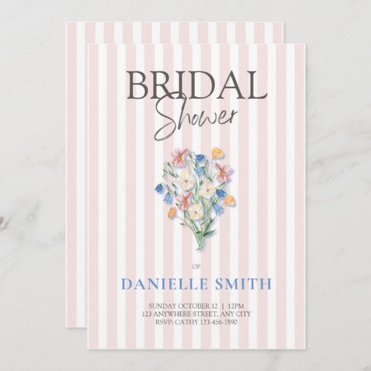 Roze Streep en Bloemen Bruidsdouche Uitnodiging (Voorkant / Achterkant)