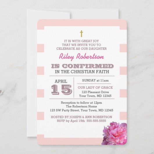 Roze Streep en Pioen Bevestiging Uitnodiging (Voorkant)