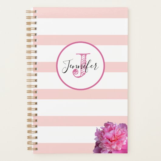 Roze Streep en Pioen Monogrammed Gepersonaliseerd Planner (Voorkant)
