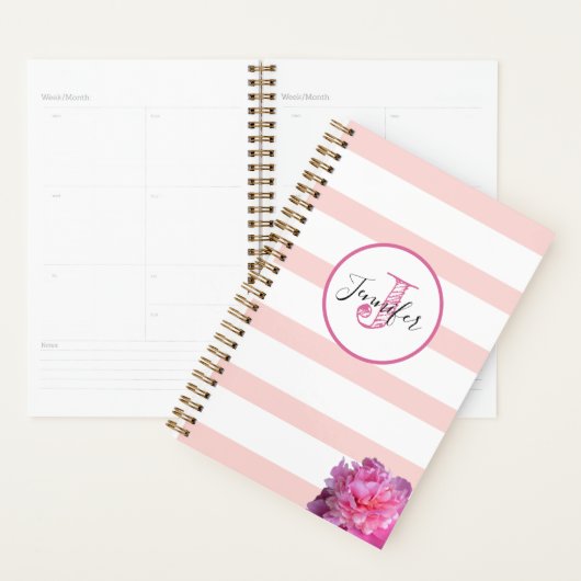 Roze Streep en Pioen Monogrammed Gepersonaliseerd Planner (Display)
