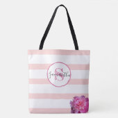 Roze Streep en Pioen Monogrammed Gepersonaliseerd Tote Bag (Voorkant)