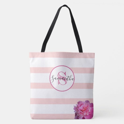Roze Streep en Pioen Monogrammed Gepersonaliseerd Tote Bag (Voorkant)