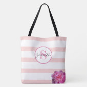 Roze Streep en Pioen Monogrammed Gepersonaliseerd Tote Bag (Achterkant)