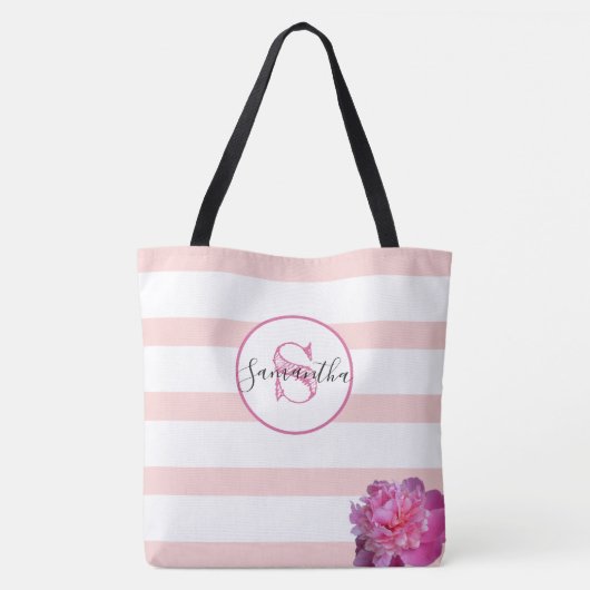 Roze Streep en Pioen Monogrammed Gepersonaliseerd Tote Bag (Achterkant)