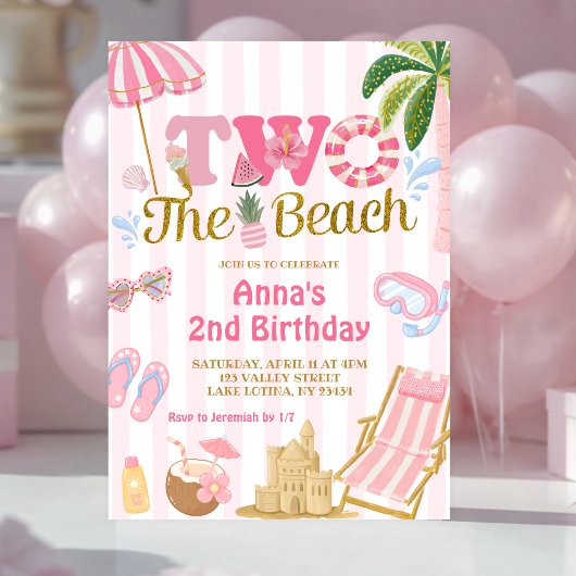 Roze streep Fun Two het strand uitnodiging