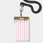 Roze Streep Goud Drip Verjaardagsfeest VIP Pas Badge (Achterkant met lanyard)