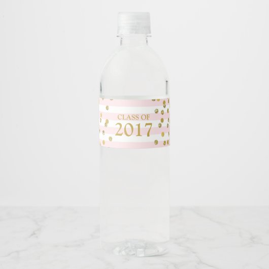 Roze Streep Gouden Confetti Klasse van 2017 Afstud Waterfles Etiket (Voorkant)