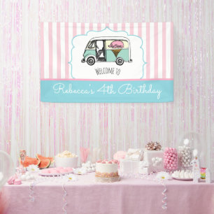 Roze Streep Ijsauto Verjaardagsbanner Spandoek