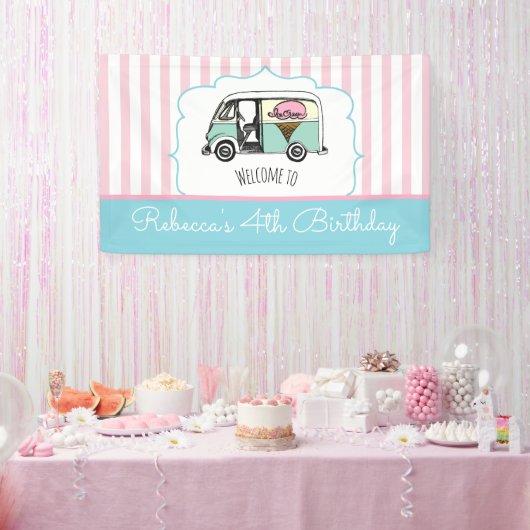 Roze Streep Ijsauto Verjaardagsbanner Spandoek (Feest)