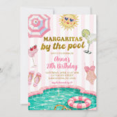 Roze streep margarita's bij het zwembad verjaardag kaart (Voorkant)