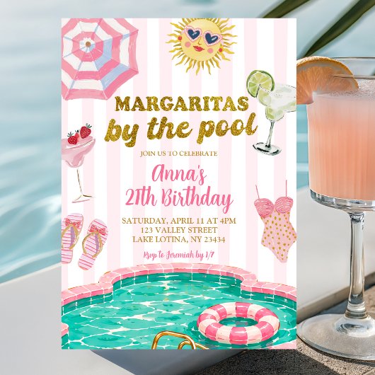 Roze streep margarita's bij het zwembad verjaardag kaart