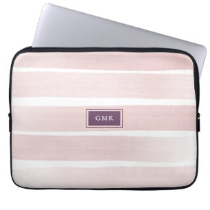 Roze Streep Monogram Initialen Waterverf geschilde Laptop Sleeve