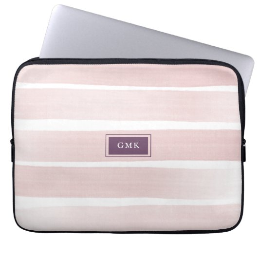 Roze Streep Monogram Initialen Waterverf geschilde Laptop Sleeve (Voorkant)