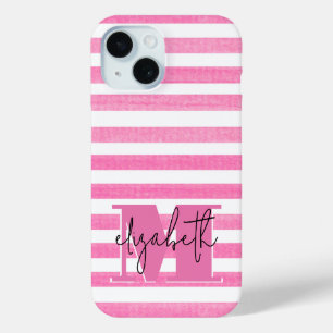 Roze Streep Monogrammed iPhone 15 Case