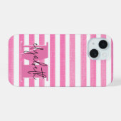 Roze Streep Monogrammed iPhone 15 Case (Achterkant horizontaal)