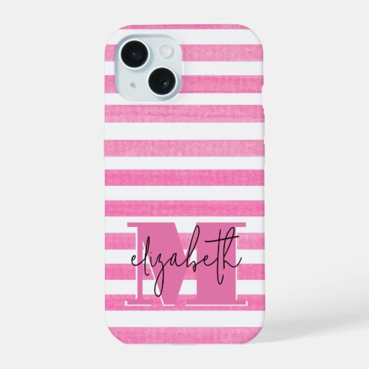 Roze Streep Monogrammed iPhone 15 Case (Achterkant)