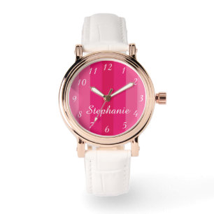 Roze Streep Naam Classy Roos Gouden Witte Band Pol Horloge
