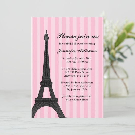 Roze Streep Paris Bruids Douche Uitnodiging (Staand voorkant)